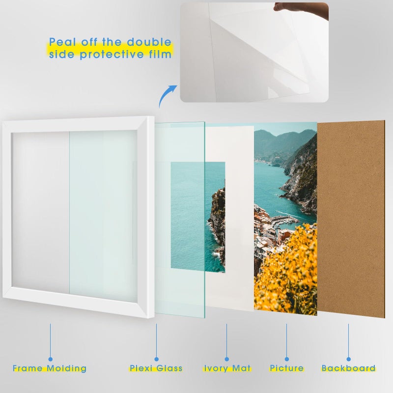 Frametory 12x12 White Picture Frame, Display Pictures 8x8 with Mat or 12 by 12 Without Mat, Square Wall Frame for Print and Diamond Painting - Wide Molding (12x12, White) - Image 5